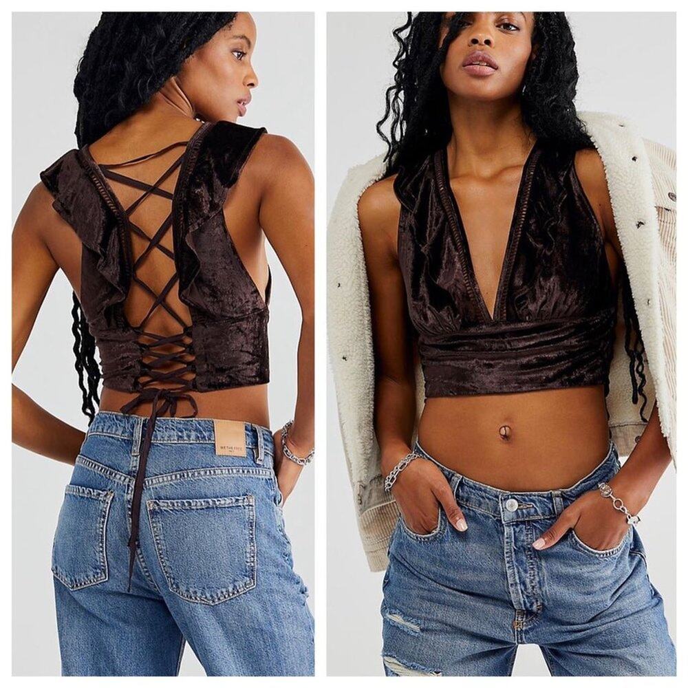 Free People Lillian Velvet Lace Up Tank Top Brown Size XS NWOT